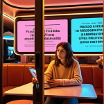 **

Prompt: Algorithmic bubble. A person surrounded by glowing screens displaying personalized news and ads, creating a distorted and isolating effect. Emphasize the feeling of being trapped in an echo chamber. Parisian cafe in the background, suggesting a disconnect from real-world interactions. Warm color palette with neon accents on the screens. Digital art, high detail.

**