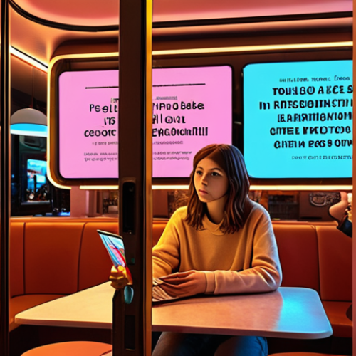 **

Prompt: Algorithmic bubble. A person surrounded by glowing screens displaying personalized news and ads, creating a distorted and isolating effect. Emphasize the feeling of being trapped in an echo chamber. Parisian cafe in the background, suggesting a disconnect from real-world interactions. Warm color palette with neon accents on the screens. Digital art, high detail.

**