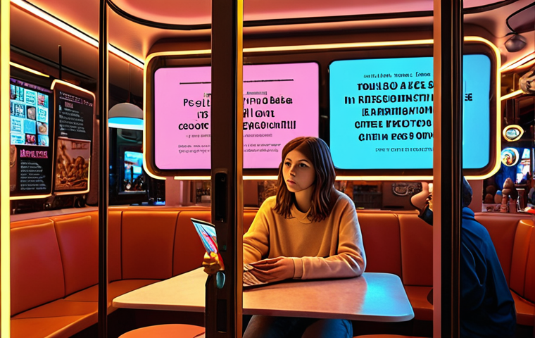 **
Prompt: Algorithmic bubble. A person surrounded by glowing screens displaying personalized news and ads, creating a distorted and isolating effect. Emphasize the feeling of being trapped in an echo chamber. Parisian cafe in the background, suggesting a disconnect from real-world interactions. Warm color palette with neon accents on the screens. Digital art, high detail.
**