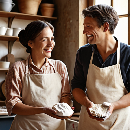 Home 15 **Authentic French Brand Essence:** A photorealistic, warm, and inviting image showcasing the authentic soul of a beloved French brand. Two smiling founders, appearing genuine and passionate, are situated in a rustic-chic Parisian patisserie kitchen or a sunlit artisan workshop. They are engaged with their craft, perhaps covered in flour or proudly holding their natural products. The scene is bathed in soft, natural light, emphasizing traditional craftsmanship, sincere human connection, and the "original spark" (flamme originelle) of their creative journey. The atmosphere should feel trustworthy, personal, and deeply rooted in their values. Cinematic, high detail.
